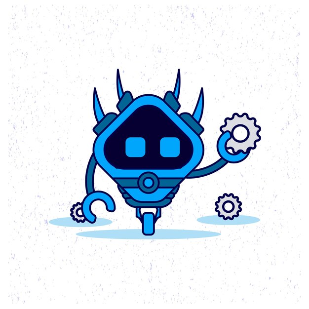 Robot with horn holding a gear in blue color isolated flat cartoon mascot design