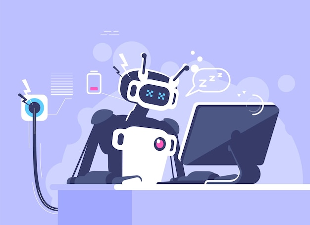 Premium Vector | Robot with low energy working flat vector illustration. ai  worker disadvantages concept. manager, employee with artificial  intelligence isolated cartoon character. discharged cyborg, humanoid