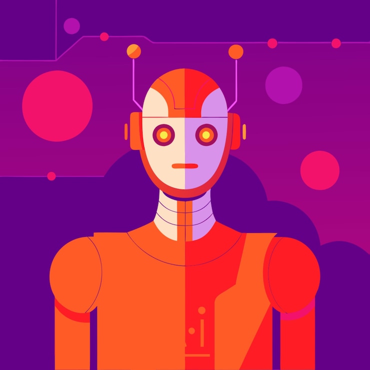 Vector a robot with a red suit and a purple background with circles and dots