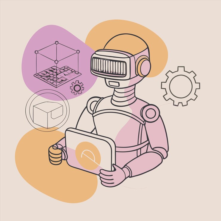 Vector a robot with a robot on his head and a blue and orange background