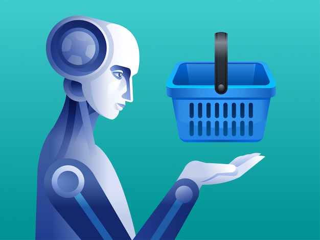 Vector robot with shopping cart. personal robot housekeeper futuristic concept illustration .