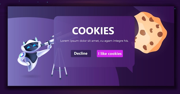 Robot con telescopio cookie protezione delle informazioni personali internet web pop up utilizziamo cookie policy di notifica