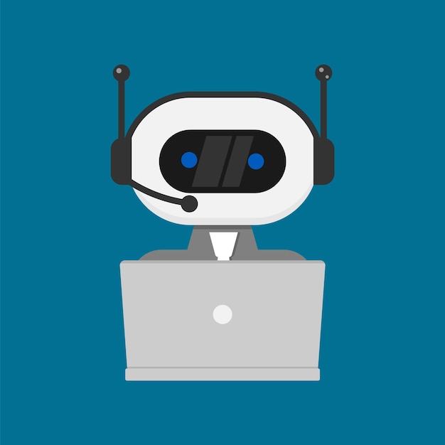 Robot working behind laptop Vector illustration