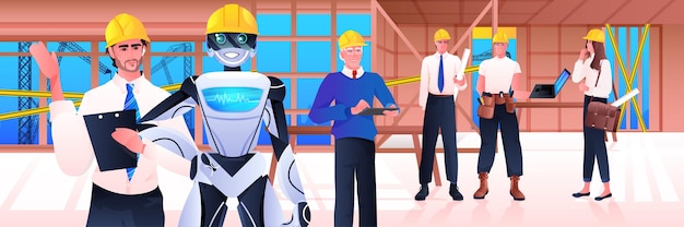 robot and workmen engineers in hardhats standing on construction site artificial intelligence technology concept