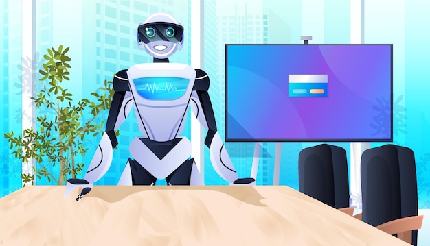 Робот на рабочем месте Роботизированный бизнесмен, работающий в концепции технологии искусственного интеллекта в офисе