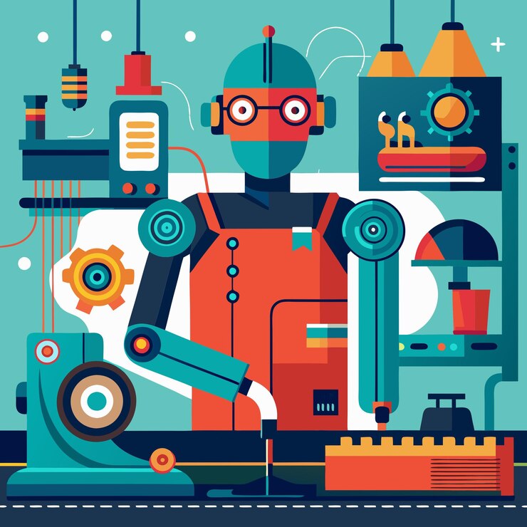 Vector a robot works in a futuristic factory