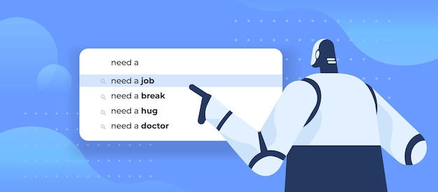 Robot writing need a job in search bar on virtual screen