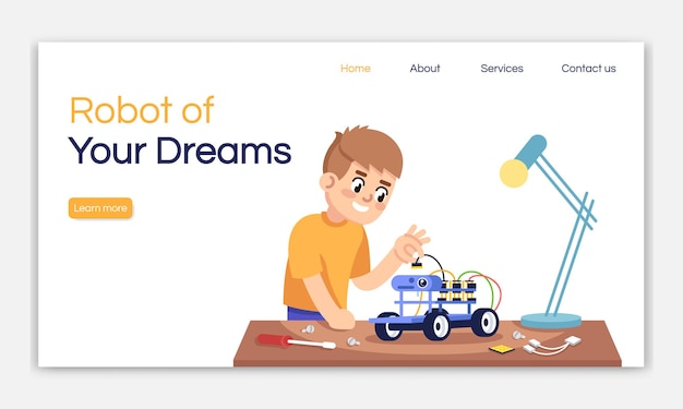 あなたの夢のロボットのランディングページのベクトルテンプレート。フラットなイラストと電子コンストラクターのウェブサイトのインターフェイスのアイデア。ロボット工学コースのホームページのレイアウト。 Webバナー、Webページの漫画の概念