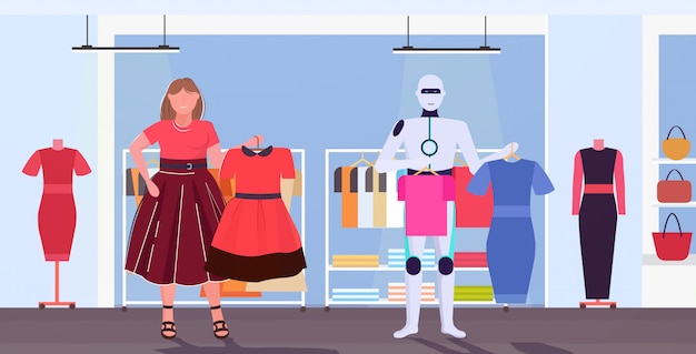 Robotachtig karakter en vrouw kiezen jurken kunstmatige intelligentie technologie shopping concept mens versus robot mode boetiek interieur horizontale volledige lengte