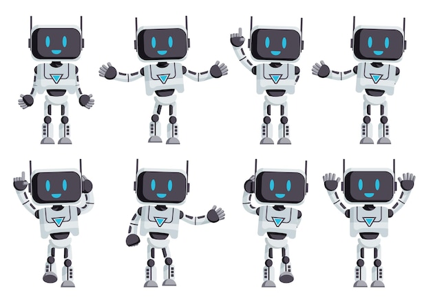 Robotachtige karakters vector decorontwerp. Robotkarakters in staande pose en zwaaiend geïsoleerd gebaar.