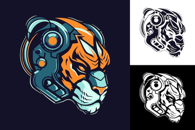 Robotachtige tijger hoofd illustratie voor esport logo print mascotte