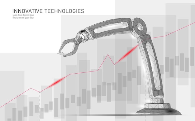 Robotarm laag poly manipulator. Gedeeltelijke constructie montage driehoek vorm. Veelhoekige verbonden stippen 3D render robotachtige kunstmatige machines innovatie technologie hand vectorillustratie