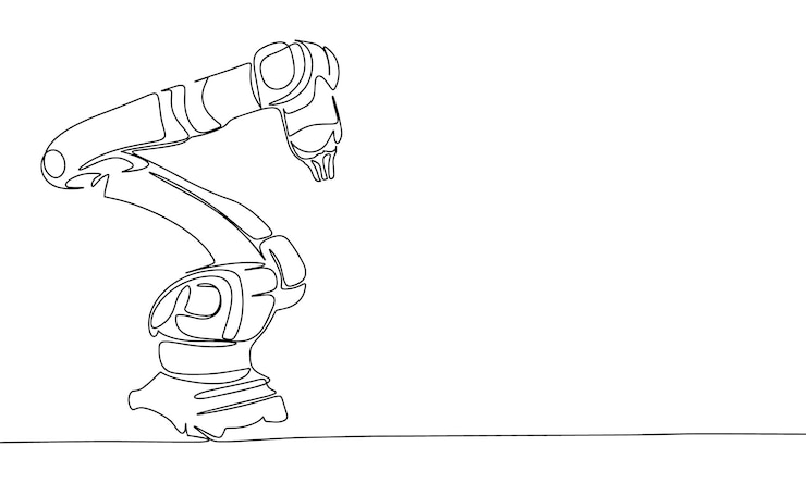Vector robotarmen of industriële manipulator gepositioneerd doorlopende lijntekening element geïsoleerd op wit