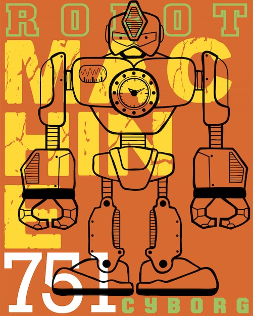 Vector robotbeeldverhaal met typografieachtergrond