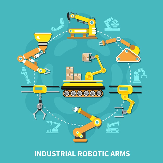 Robotic arm round composition with yellow iron arm arranged in circle and in flat style 