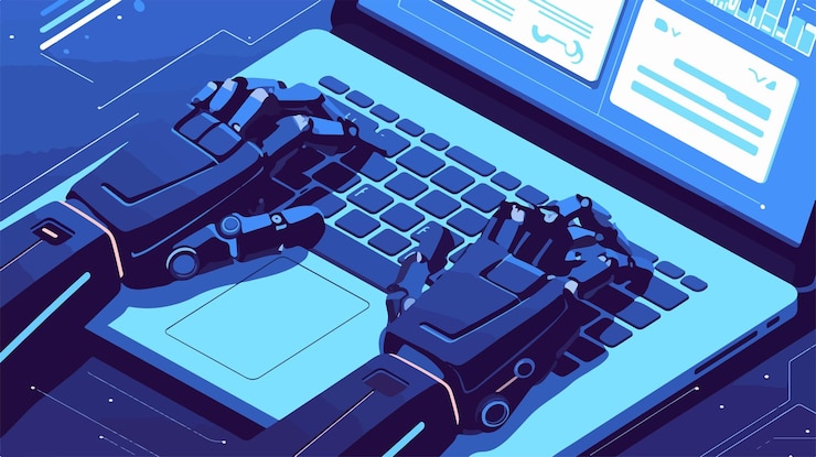 Vector robotic arm typing on laptop in office setting