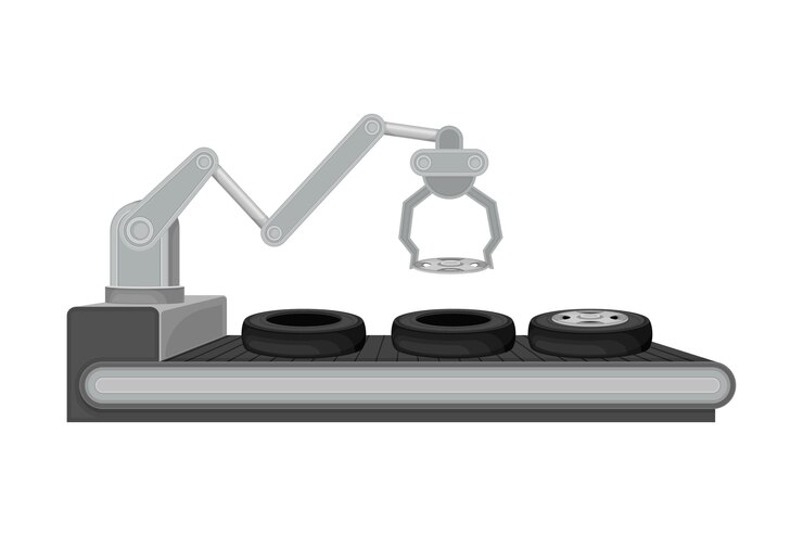 Vector robotic arm and tyres on conveyor belt as car production vector illustration