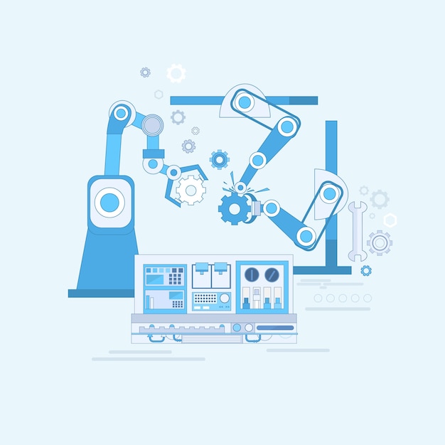 Linea di montaggio robot illustrazione di vettore dell'insegna di web di produzione di industria di automazione industriale