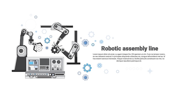 Linea di montaggio robot illustrazione di vettore dell'insegna di web di produzione di industria di automazione industriale