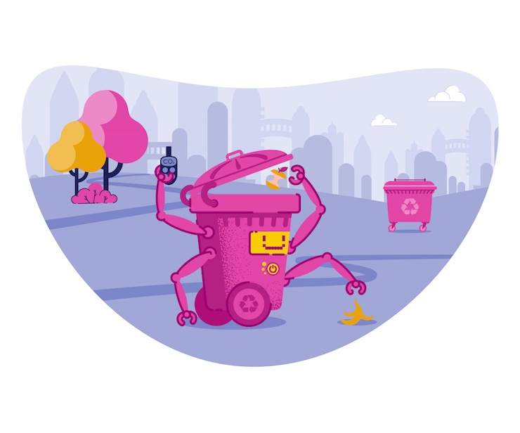 Vector robotic bin throwing rubbish with automatic hands.