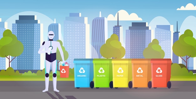 Robotic character holding plastic rubbish container near colorful trash cans artificial intelligence segregate waste recycle concept cityscape background horizontal full length