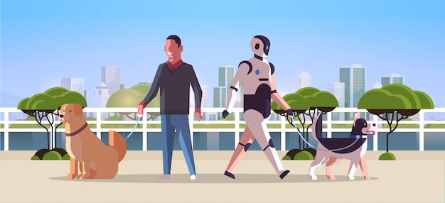 Robotic character and man walking with dogs robot vs human standing together with pets public park artificial intelligence technology concept cityscape  full length horizontal