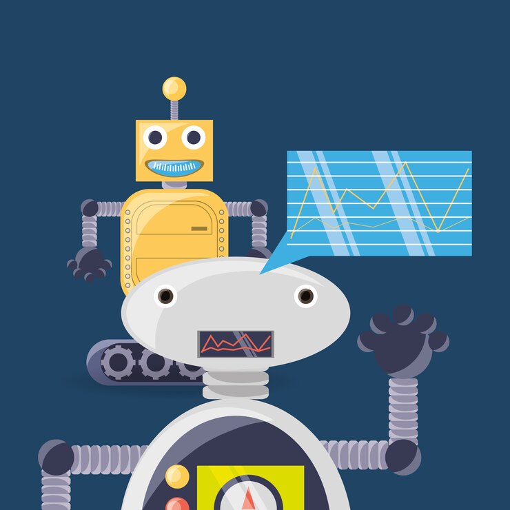 Vector robotic design with cartoon robots and speech bubble