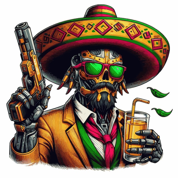 Vector robotic dia de los muertos with gun and hat vector illustration