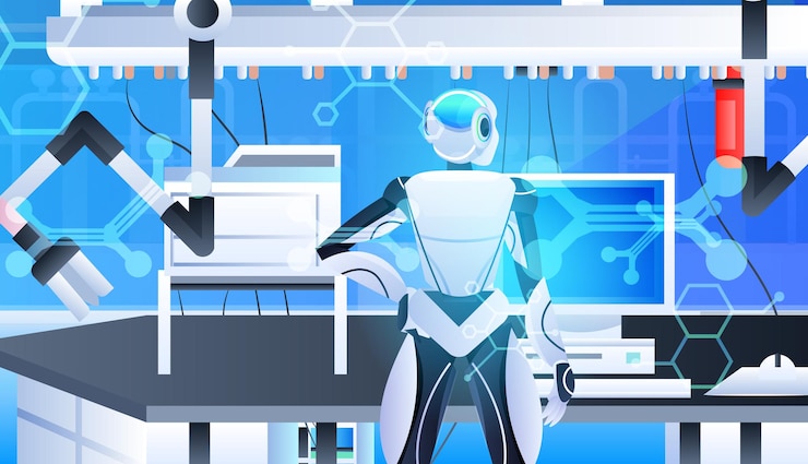 Vector robotic doctor surgeon in clinic surgery room medicine healthcare artificial intelligence technology concept horizontal portrait vector illustration