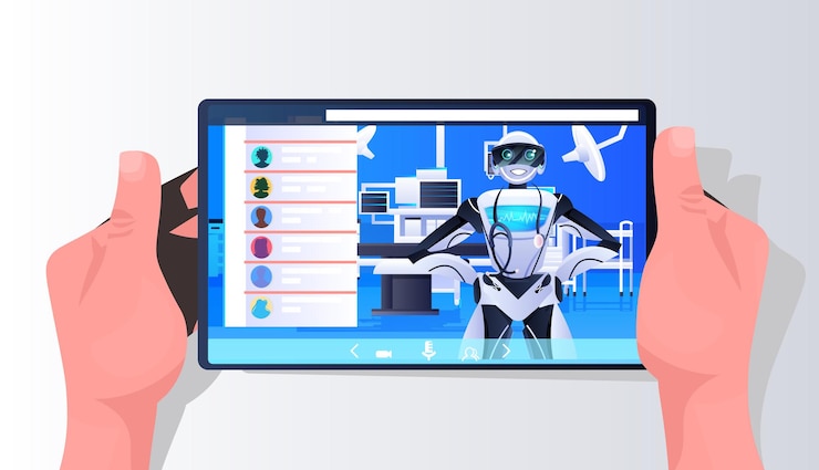 Vector robotic doctor surgeon on smartphone screen medicine healthcare online medical consultation artificial intelligence technology concept horizontal portrait vector illustration