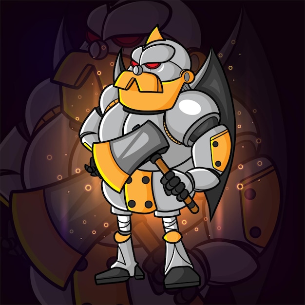 The robotic guard with the big axe esport logo design of illustration