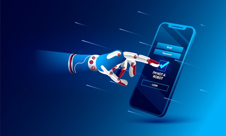 Vector robotic hand clicking on captcha 'i am not a robot'.