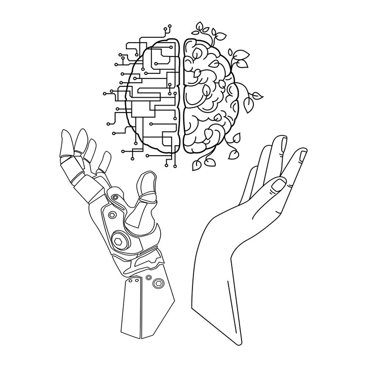 Vector robotic hand and hand of a man holding artificial intelligence brain and human brain line art