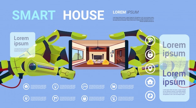 スマートハウス監視機能付きスマートフォンを保持するロボットハンドホーム管理コンセプトのテクノロジー
