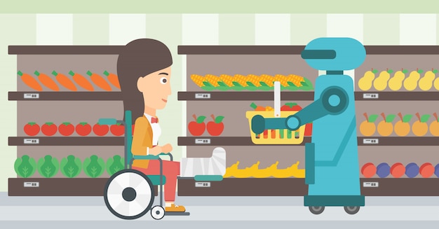 Assistente robot che lavora nel supermercato.