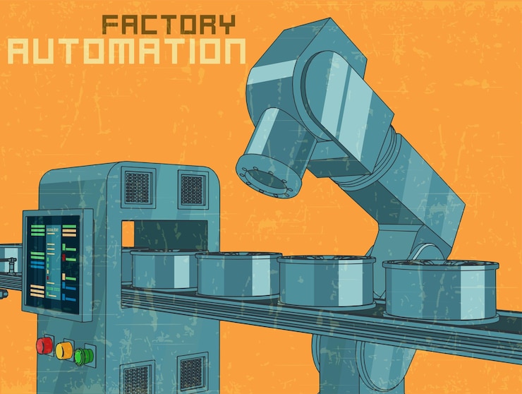 Vector robotic industrial factory line retro poster