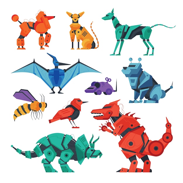 Роботизированный детский игрушечный набор животных из изолированных красочных дроидов в форме домашних животных, диких зверей и векторных иллюстраций птиц