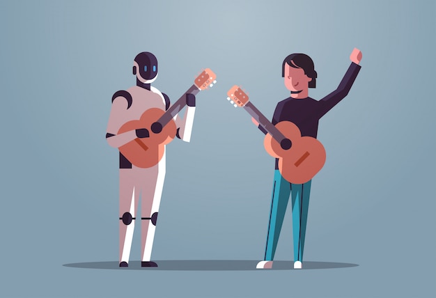 robotic musician with man guitarist playing acoustic guitar robot vs human standing together artificial intelligence technology concept flat full length horizontal