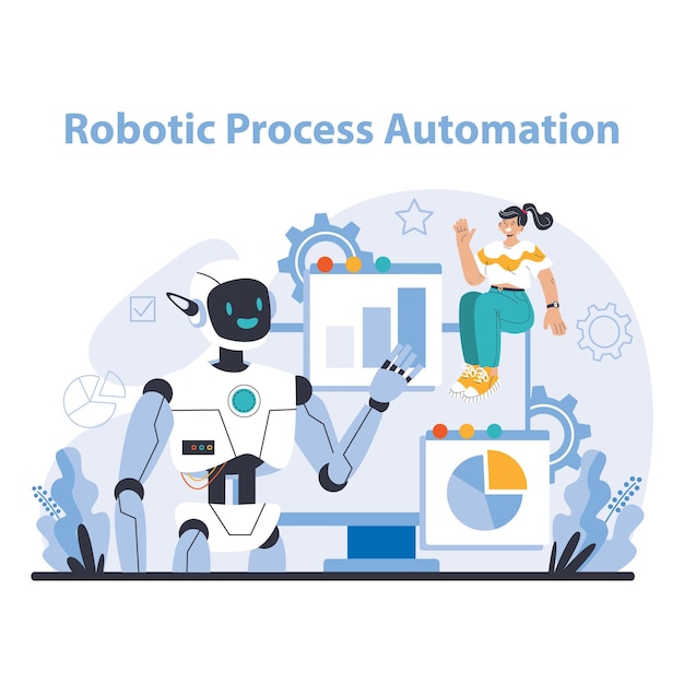 Vector robotic process automation concept toont hulpgedreven efficiëntie in bedrijfsactiviteiten vereenvoudigt
