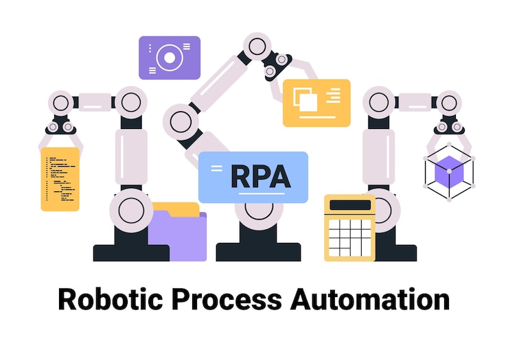 Vector robotic process automation concept with robotic arms interacting with digital elements like code