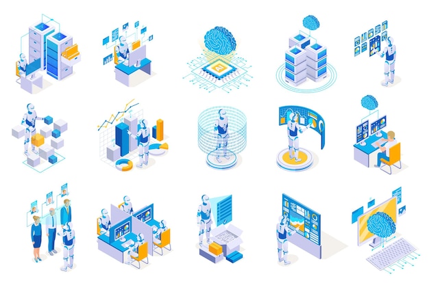 Robotic process automation isometric icons collection with isolated images of robots working with futuristic computer interfaces vector illustration