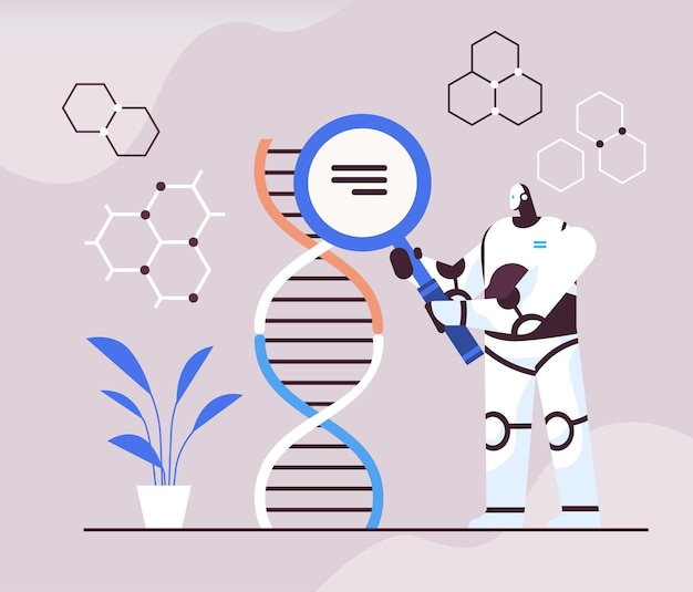 Vettore scienziato robotico che lavora con un ricercatore di robot dna che fa esperimenti in laboratorio test del dna diagnosi genetica intelligenza artificiale