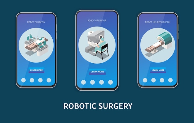 Vector robotic surgery isometric set with robot operator symbols isolated vector illustration