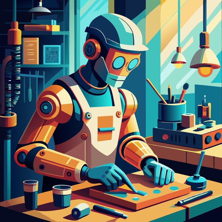 Vector a robotic worker carefully examines a piece of metal in his workshop