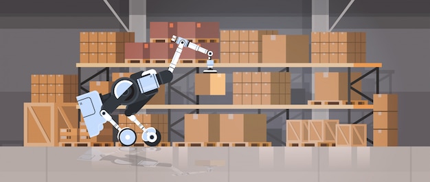 Robotic worker loading cardboard boxes hi-tech smart factory warehouse interior logistics automation technology concept modern robot cartoon character flat horizontal