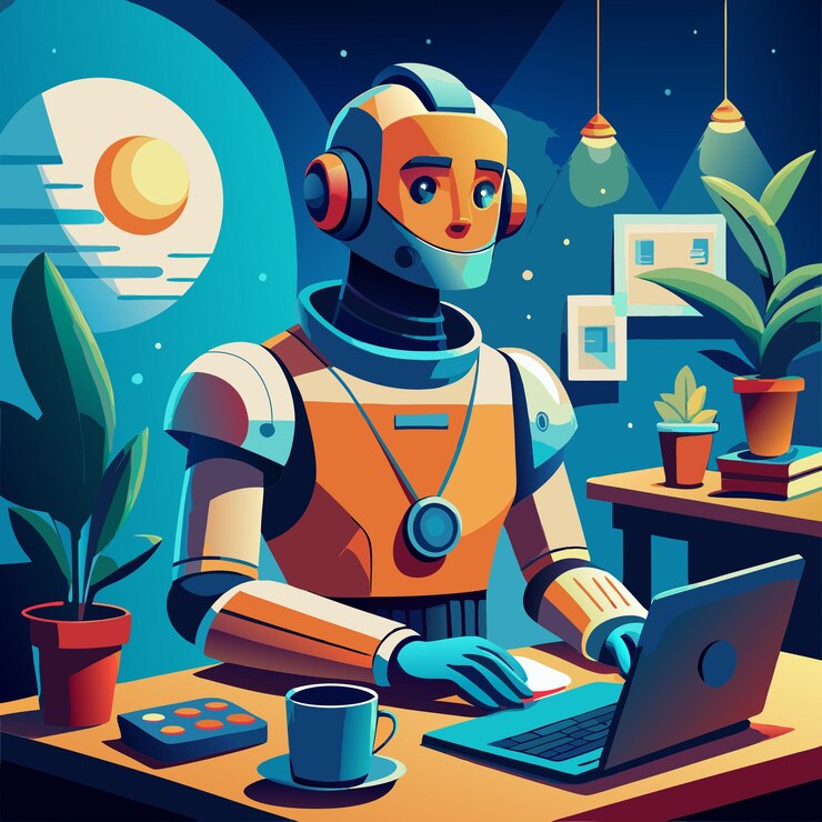 Vector a robotic worker sits at a desk working on a laptop