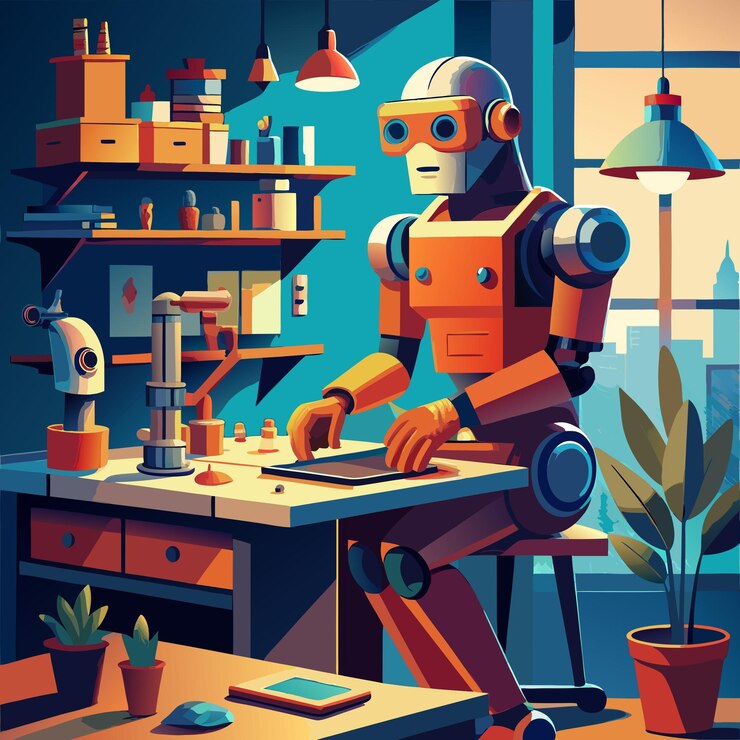 Vector a robotic worker uses a tablet in a futuristic workspace