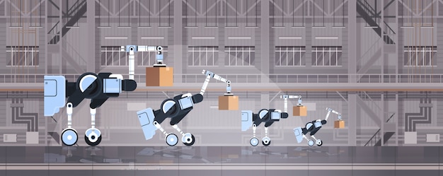Вектор Роботизированные рабочие погрузка картонных коробок высокотехнологичная умная фабрика склад интерьер логистика автоматизация технология концепция современные роботы герои мультфильмов плоская горизонтальная
