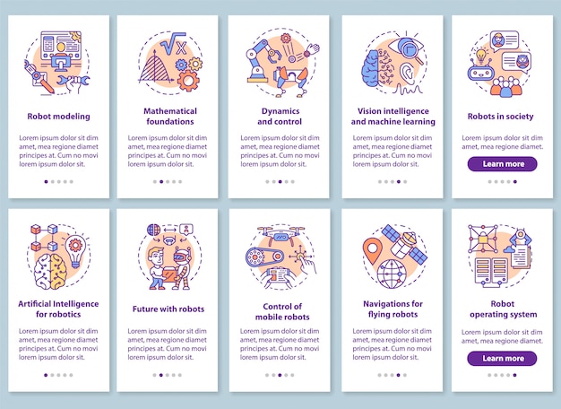 Robotica cursussen onboarding mobiele app paginascherm lineaire set.