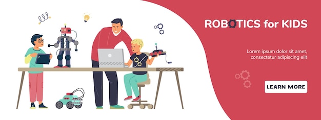 Robotica voor kinderen horizontale vector banner. Jongens met leraar engineering en programmeerrobots.